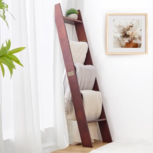 XUNIQUE 5-Tier Blanket Ladder for The Living Room, 4.8 FT Anti-Slip Decorative Ladder Shelf Leaning Quilt Rack, Lightweight, Easy Assemble, Wooden Blanket Rack (Brown)
