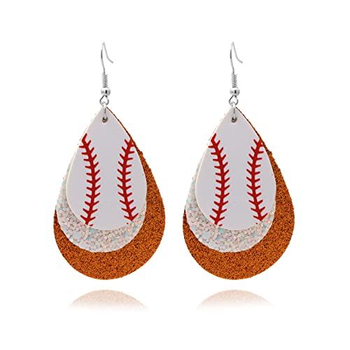 Fusamk Baseball Faux Leather Earrings Lightweight Teardrop Earrings Sequin Dangle Earrings(White Orange)