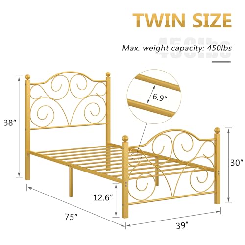 Image of VECELO Twin Size Bed Frame with Headboard and Footboard, Heavy Duty Metal Slat Support, Platform Mattress Foundation, No Box Spring Needed, Easy Assembly, Gold