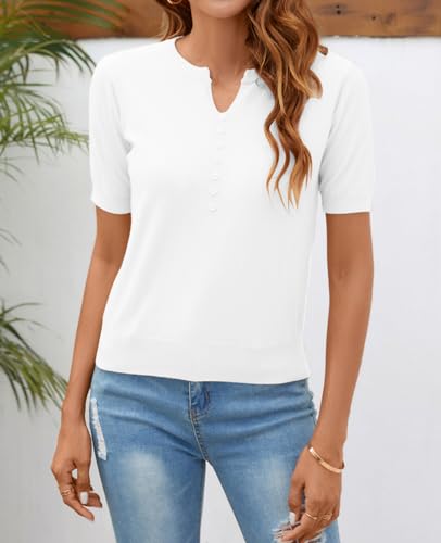 Image of Women Summer Knit Shirt Blouse V Neck Short Sleeve Pullover Sweater Tops