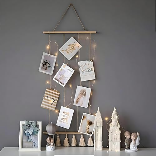 VAH- Kya Bat Hai !! Wooden Hanging Photo Display Picture Frame Collage Picture Display Organizer with Wood Clips LED Light for Wall Decor Hanging Photos (JRWH059)