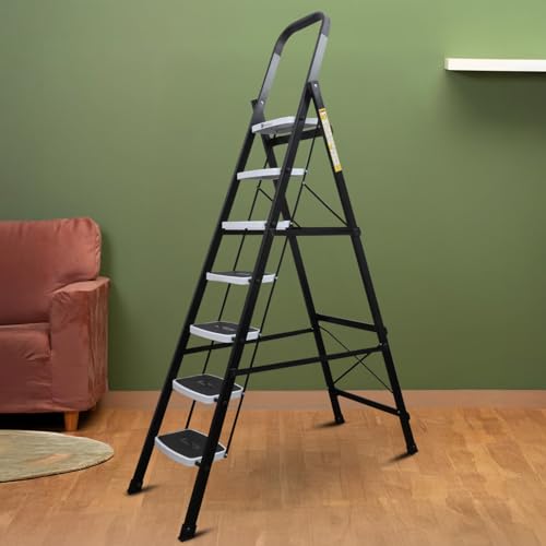 BonKaso Climb Steady Premium Alloy Steel Heavy Duty Multipurpose Foldable 7 Step Ladder with Connecting Frame & Belt Support, Load Capacity Upto 120kg | for Home and Outdoor - (Matte Black & White)