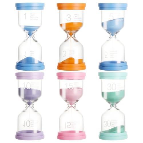 hicoosee 6 Relojes de Arena para Niños – Temporizadores de Arena 1/3/5/10/15/30 Minutos – Temporizador Visual de Colores Macaron para Juegos, Estudio, Cocina y Hogar