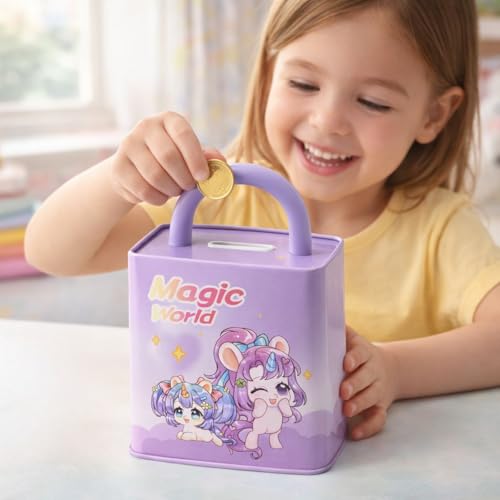 Image of Sajani Cute Cartoon Creative Portable Piggy Bank, Money Saving Box with Combination Lock, Mini Coin Bank Gifts for Boys and Girls, Best Return Gifts for Kids (Pack of 1) (Lock - Purple)