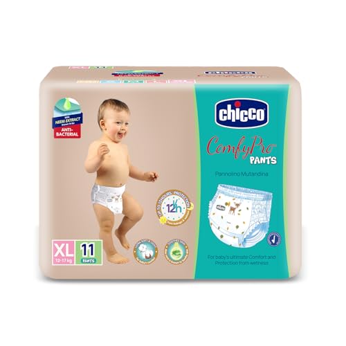 Image of Chicco Comfy-Pro Pant Style Baby Diapers | Anti-bacterial benefits | Ultra Soft & 12hrs protection | Wetness indicator & Disposing Tapes - XL, 11 Count, 12-17 Kg