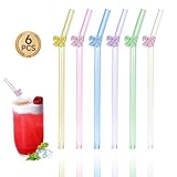6Pcs Colorful Cute Glass Straws with Charms,Reusable Glass Straw with Bow,Aesthetic Gifts,with 1 Cleaning Brush for Coffee Lover, Smoothies, Milkshake, Matcha, Tea, Juice