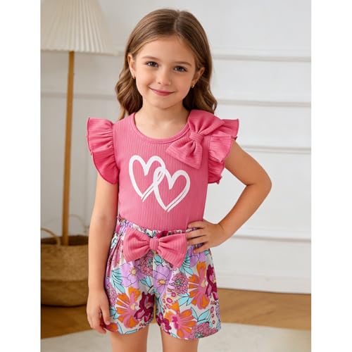 Image of 3-8 T Toddler Girls Clothing Set Ruffle Sleeve Bow Tie Top + Floral Shorts Set
