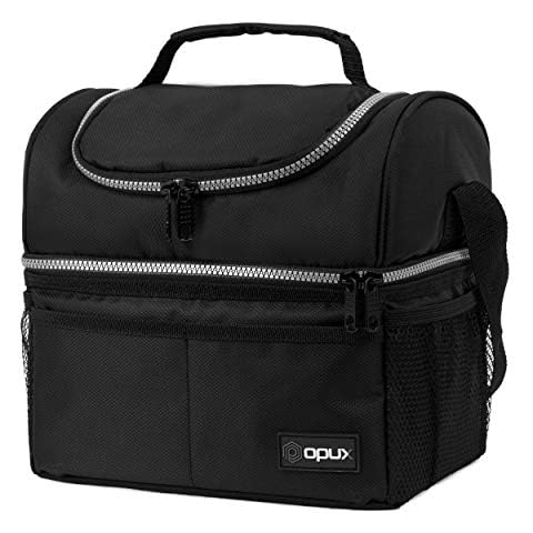 OPUX Lunch Box For Men Women, Insulated Large Lunch Bag Adult Work, Double Decker Lunchbox Meal Prep, Dual Compartment Leakproof Lunch Cooler, Soft Lunch Pail Tote Boys Girls Kids School, Black 16 Can Cover