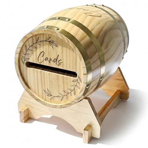 Caja para tarjetas de boda con forma de barril de whisky de madera natural de 5 pulgadas