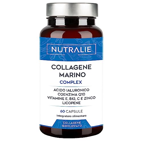 COLLAGENE MARINO Idrolizzato + Acido Ialuronico + Q10 - Integratore Pelle e Articolazioni - Zinco, CoQ10, Vitamine C E B12 e Licopene - 60 Capsule Nutralie