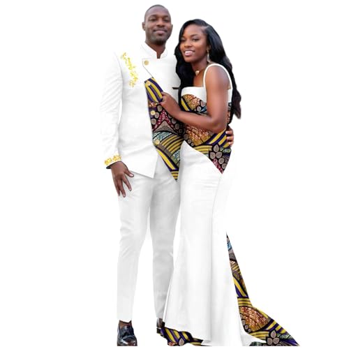 African Couple Outfits Matching Set for Wedding Women's Slim Tail Dress and Men's Embroidered Formal Suit(A,Men-XXX-Large)