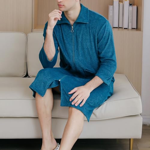 Men's Soft Robe 3/4 Sleeve House Coat Zipper Housecoat with Pocket Comfy Loose Spring Zip Front Terry Cloth4