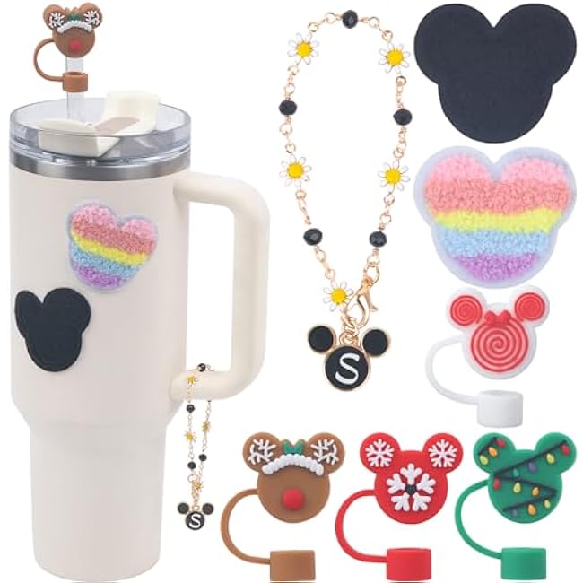 7 PCS Use for Stanley Cup Accessories Charms,Compatible with Stanley Cup Letter Charms for Handle,Silicone Straw Cover Topper & Sticker