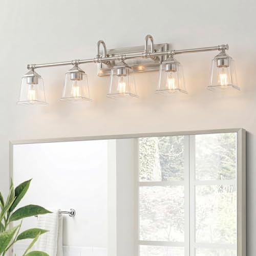 Image of Quoizel Nicholas 42 inch Vanity Light, Brushed Nickel, Clear Glass | 5-Light, Dimmable, Reversible Mounting, ETL Damp Rated