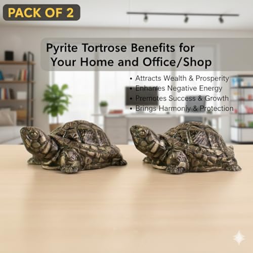 Image of Pack of 2 Natural Certified Pyrite Tortoise (Kachhua) 2.7x1 Inch | Pyrite Stone Turtle for Good Luck & Wealth | Vastu Feng Shui Decor for Home Office Living Room | Housewarming Gift