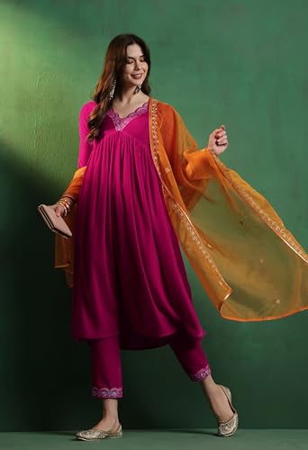 Image of SheWill Women's Zari Sequence Embroiderd Velvet Kurta with Pant and Dupatta| Salwar Suit Set with Dupatta| Velvet Kurta Set Women| Kurta Set for Women|Kurta Set with Dupatta for Women| Anarkali Kurta