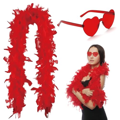 Red Feather Boa Party Accessories with Glasses 2 Metre Length Soft and Vibrant Feather Scarf for Themed Events and Costume Parties Perfect for Celebrations and Holidays