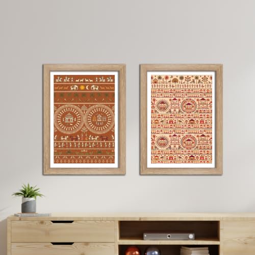 Image of TenorArts Traditional Tribal Folk Art Photo Frame Set of 2 , Indian Rural Arts Decor Wall Hanging Painting For Bedroom Living Room Cafe and Home decor / Minimal Drawing Framed Posters for Decoration (9x12 inches) [T2P-03T]