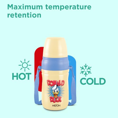 Image of MILTON Disney Kool Cheer 400 Plastic Insulated Thermo Water Bottle with Straw for School Kids I Food Grade, Leak Proof Lid with Hands Free Sipper, Easy to Carry Loop, Picnic, BPA Free, 390 ml, Beige