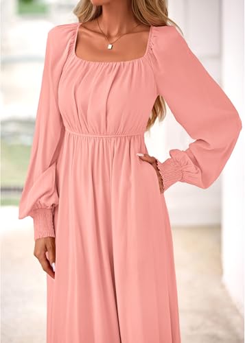 KIRUNDO Casual Fall Dresses for Women 2026 Flowy Long Sleeve Maxi Dress Smocked Empire Waist Square Neck Wedding Party(Pink, XX-Large) — view 3