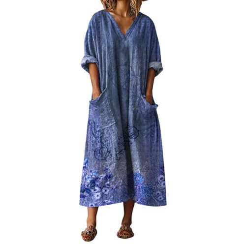 Vestido maxi bohemio de lino y algodón con bolsillos estilo retro 1