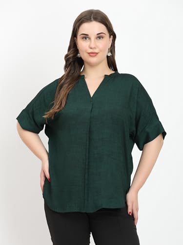 Image of SINDOORI Relaxed Fit Tops for Women Plus Size Solid Printed Mandarin Collar, Band Collar, V-Neck Top, Half Sleeve Loose Fit