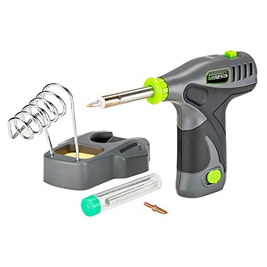 Genesis GLSI08B 8V Lithium-Ion Cordless Rapid Heat-Up Soldering Iron with Iron Holder, Solder Wire, Fine Tip, Chisel Tip, Removable Battery, and Charger