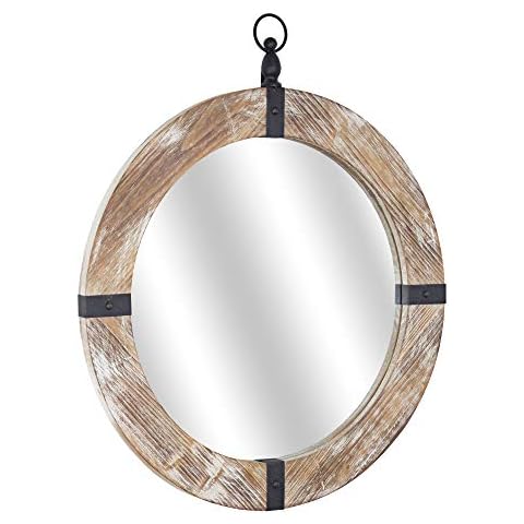 American Art Decor Whitewashed Wood and Metal Porthole Wall Vanity Accent Mirror (28" H x 24" L) Cover