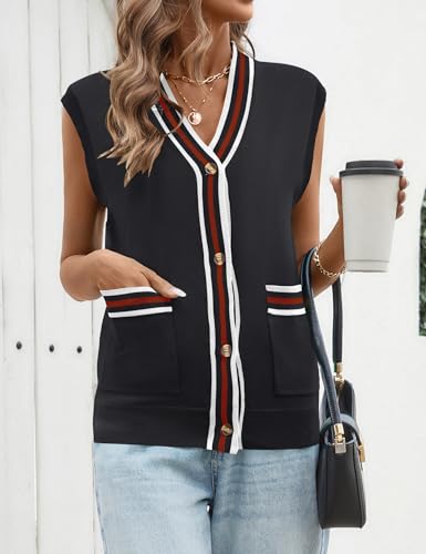 LOMON Sweater Vest Women 2025 Cap Sleeve Striped V Neck Tank Tops Trendy Summer Button Down Knit Cardigan Top with Pockets4