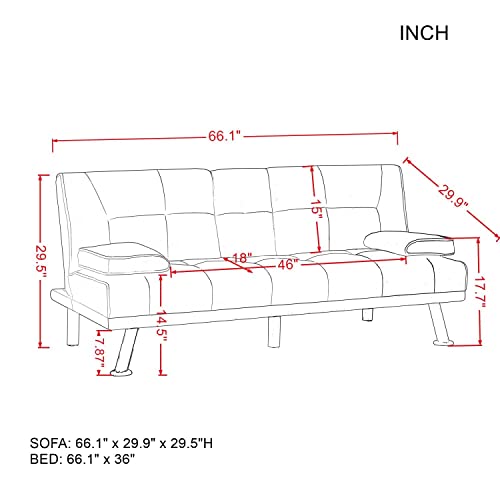 Eafurn Futon Sofa Bed, Upholstered Convertible Couch Sleeper With Armrests, Fabric Loveseat Folding Daybed For Living Room, Bedroom, 2 Cup Holders, Metal Legs, Dark Grey #TOP1