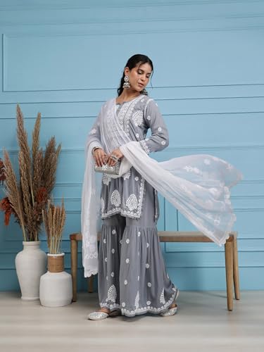 Ada Indian Chikankari Hand Embroidered White Chiffon Dupatta Stole for Women A5111824