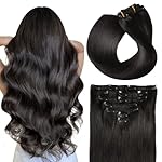 SUYYA Real Human Hair Clip in Extensions - Straight, Double Weft Natural Black Hair - Clip ins 7pcs 120g (18 inches #1B Off Black)