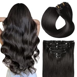 SUYYA Real Human Hair Clip in Extensions – Straight, Double Weft Natural Black Hair – Clip ins 7pcs 120g (18 inches #1B Off Black)