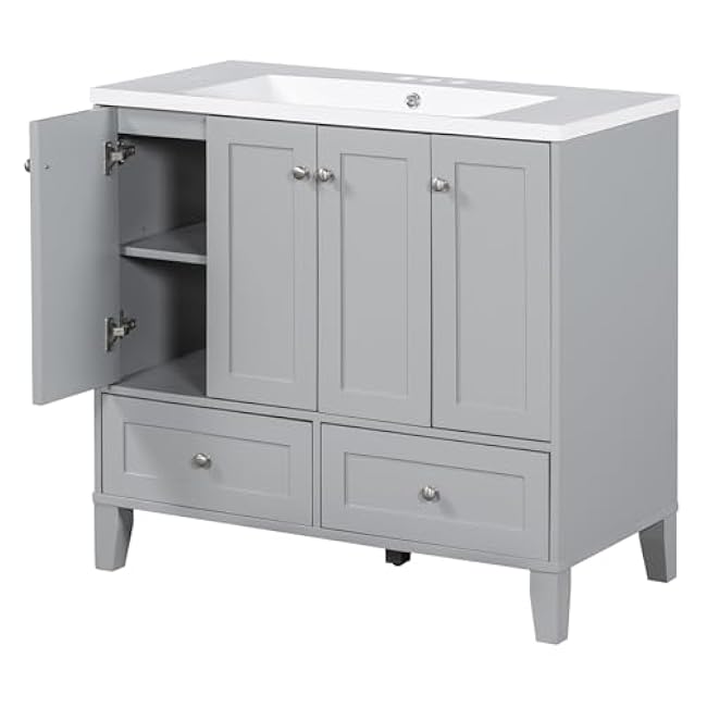 Freestanding Vanity Set, Solid Wood Frame Bathroom Storage Cabinet with Sink, 2 Drawers and 3 Storage Cabinets for Modern Bathroom, 36 Inch (Gray)