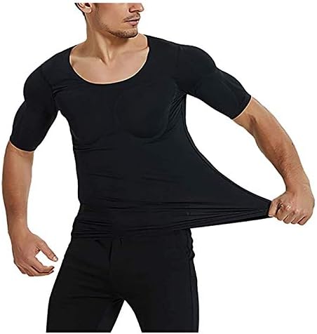 ruguo Men's Fake Chest Muscle Padded T-Shirt Man Fake Muscles Short Sleeve Shirt Shoulders Padded Simulation Chest Muscle Body Shaper Men's Tummy Control Shapewear (Color : Noir, Size : L)