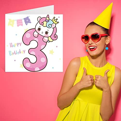 3rd Birthday Card Girl - Magical Unicorn Birthday Card - Happy Birthday Card 3 Year Old Girl, Girls Birthday Cards for Her, 145mm x 145mm Greeting Card for Daughter Niece Granddaughter Kid Children