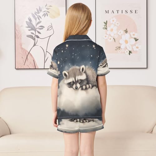 ALAZA Raccoon Starry Sky Cloud Satin Pajamas Set Short Sleeve Button Down Sleepwear Summer Pjs 2 Piece4