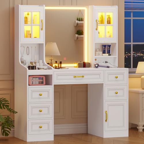 BTHFST White Vanity Desk with Touch Screen Mirror and Lights, Large Makeup Vanity with RGB Light Cabinets & Charging Station, 6 Drawers, 5 Jewelry Hooks, Vanity Table with Lighted Mirror