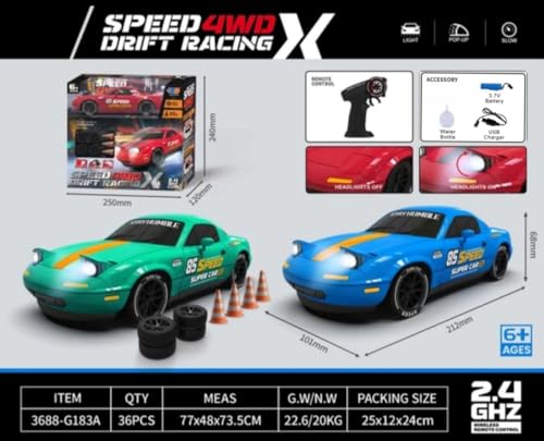 Image of RC Drift Car 1:14 Scale 4WD High-Speed Remote Control Car with LED Lights 2.4GHz Rechargeable Drift Racing Car with Extra Tires & Cones Toy for kids [Colors as Per Stock] (Mazada Rc Drift -Blue)