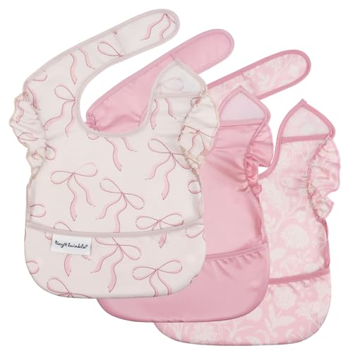 Image of Tiny Twinkle Mess-Proof Baby Bibs for Eating | Waterproof, Wipeable Toddler Bibs with Catch-All Pocket | Feeding Bibs for Girls & Boys(3 Pack,Toile,Bows)