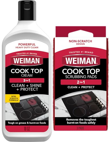 Weiman Ceramic and Glass Cooktop Cleaner - Heavy Duty Cleaner and Polish (10 Ounce Bottle and 3 Scrubbing Pads)