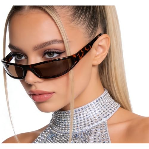 Image of Small Square Sunglasses for Women,Cute Fashion Wrap Around Sunglasses,Trendy Y2k Sunglasses Vintage Narrow Shades