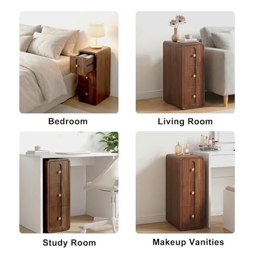 Image of Narrow Nightstand with 3 Drawers, Small Bedside Table, Mid Century Modern Skinny Night Stand with Storage, Wood Slim Side Table for Bedroom, Small Spaces, Living Room (Walnut-1pcs)