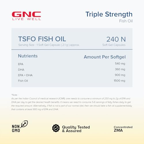Image of GNC Triple Strength Fish Oil 1500mg Omega-3 with 900mg EPA & DHA | 240 Softgels | For Heart, Healthy Cholesterol, Joint Comfort, Focus & Vision | Enteric-Coated for No Fishy Aftertaste |USA Formulated
