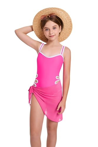 Image of 7-16 Years Girls Swimsuit 2PCS Adjustable Straps Cut Out One Piece Bathing Suit with Solid Color Cover Up Skirt