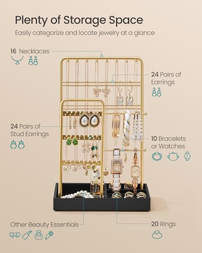 Image of SONGMICS Jewelry Holder, Jewelry Organizer Display Stand with Metal Frame, Velvet Tray, Necklace Earring Bracelet Holder, for Studs, Rings, Gift Idea, Pale Gold and Ink Black UJJS021AB02