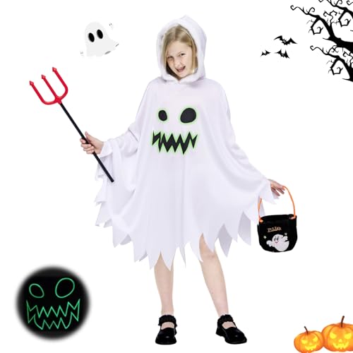 GUBOOM Déguisement d'halloween pour Enfants, Costume de Fantôme d'Halloween avec Cape Blanche, Sac à Main et Fourchette Diable, Costume d'Halloween pour Enfants pour Carnaval, Cosplay (L)