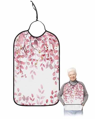 Pink Eucalyptus Leaves Adult Bib for Adults Men, Women, Washable & Adjustable Terry Cloth Bib with Crumb Catcher Reusable Waterproof Clothing Clothes Protector Apron Abstract Watercolor Branches