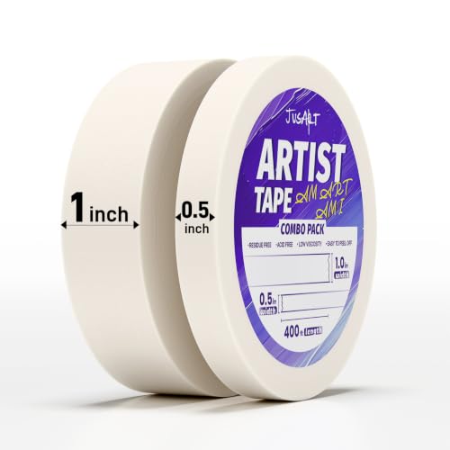 Image of JusArt 2 Packs Artist Tape for Watercolor Paper, 1 /2 inch and 1 inch Wide Total 400FT Long, White Art Tape for Masking, Drafting and Painting, Acid Free, Low Tack