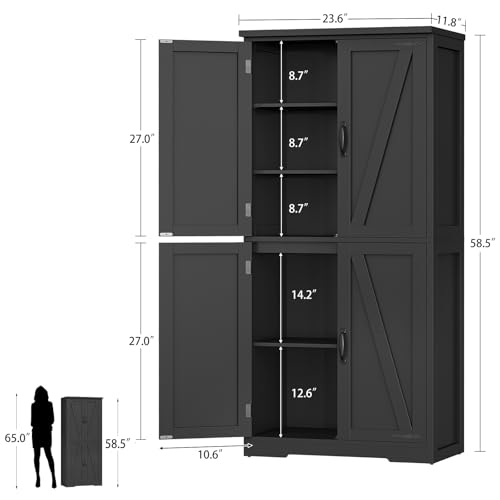 Image of TEENFON 58 inch H Storage Cabinet with Adjustable Shelf, Kitchen Cabinet with 4 Doors, Farmhouse Pantry Cabinets, Cupboard for Kitchen, Bathroom, Living Room, Black